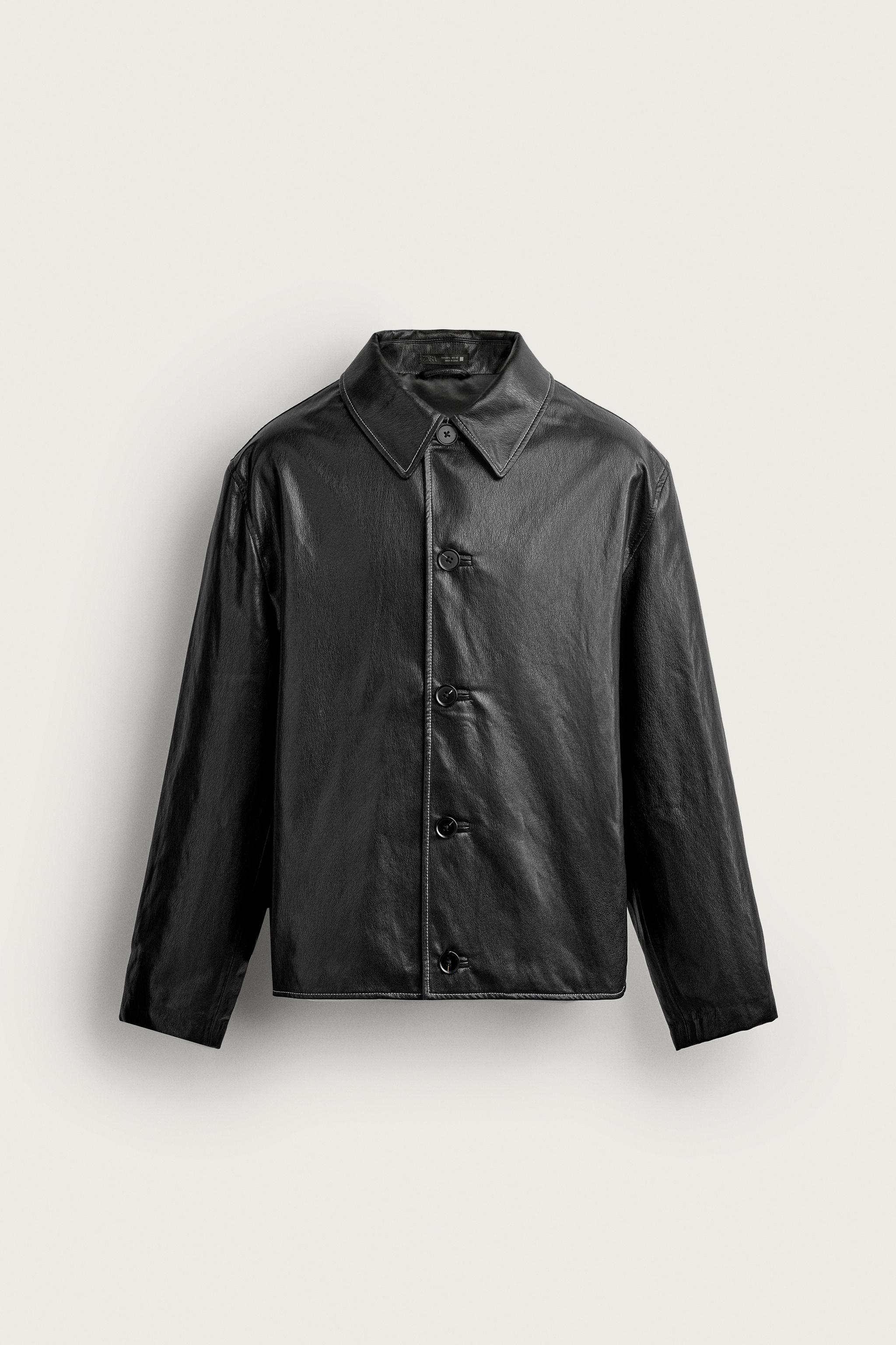 FAUX LEATHER TOPSTITCHED BOXY OVERSHIRT — Black