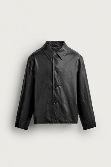 Zara 明線皮革質感方版襯衫式外套 - 黑色