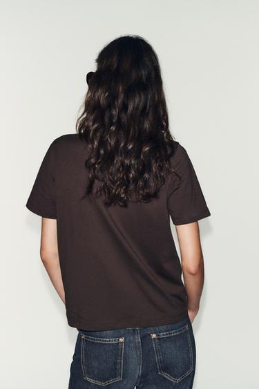 SHORT SLEEVE FAUX PEARL T-SHIRT - Brown by Zara - Image 3