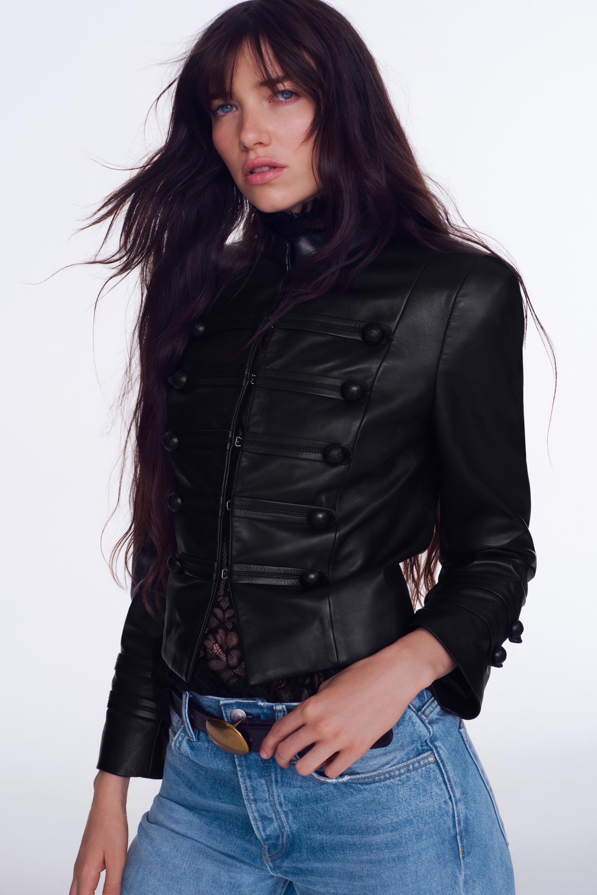 100% LEATHER FROG FASTENING JACKET ZW COLLECTION — Black