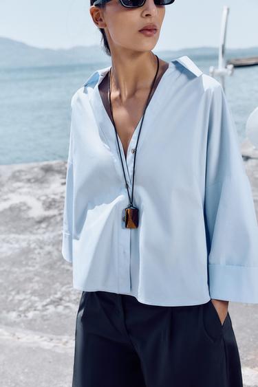 CHEMISE EN POPELINE À MANCHES LARGES - Bleu clair de Zara - Image 3