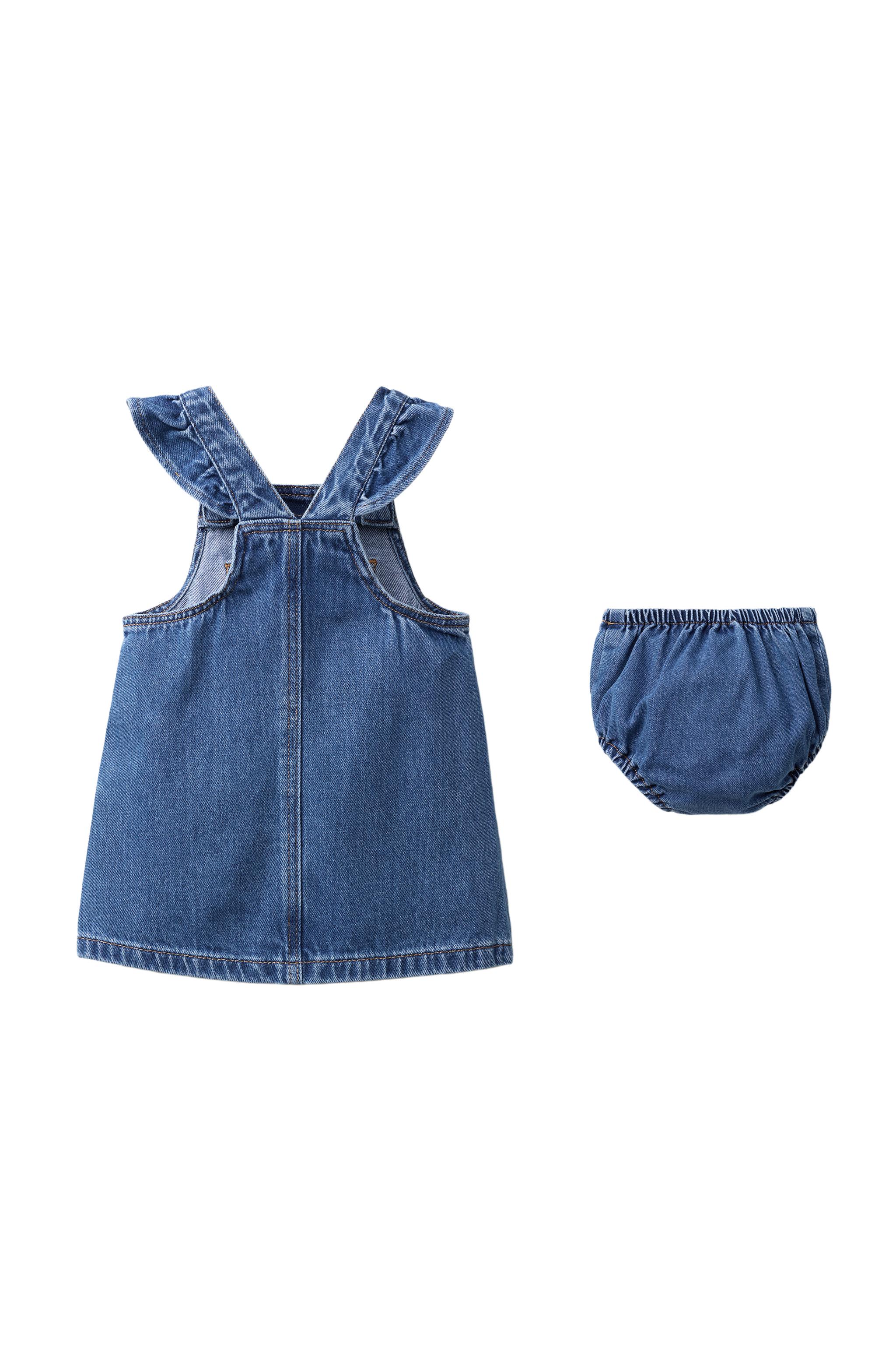DENIM RUFFLE PINAFORE SET — Mid-blue