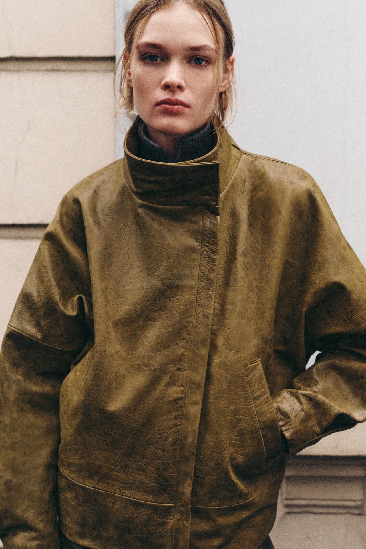 ZW COLLECTION 100% LEATHER JACKET — Olive green