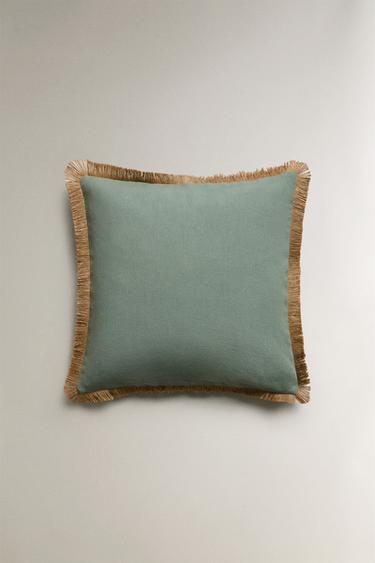 FUNDA COJÍN FLECOS YUTE - Azul agua de Zara