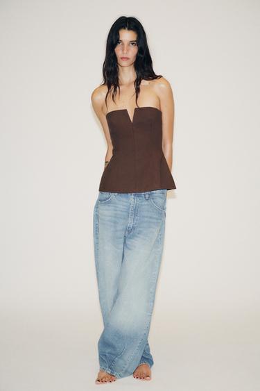 LINEN-EFFECT STRAPLESS TOP - Dark brown by Zara - Image 0