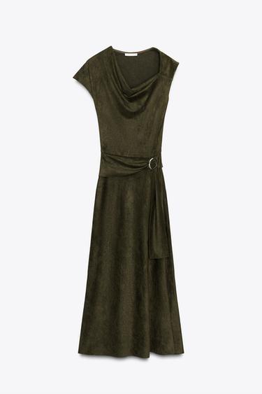 فستان غير متماثل بتأثير الجلد المدبوغ - كاكي الخاص بـ Zara