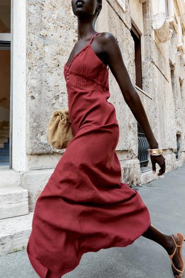 Zara LINEN STRAPPY MIDI DRESS - Burgundy