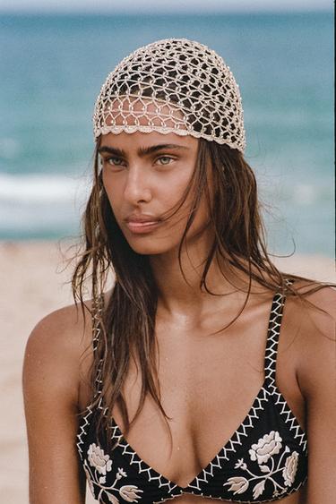 Zara BEADED CROCHET SKULLCAP - Ecru