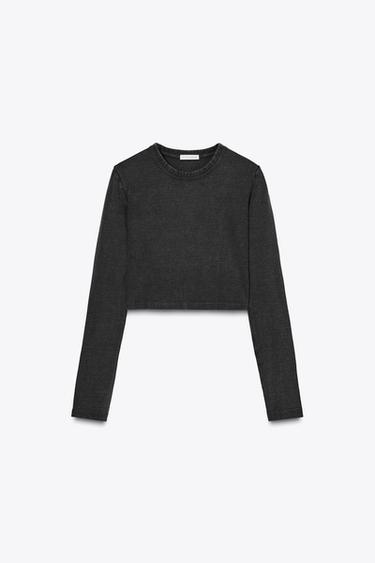 Round neck cropped T-shirt - Dark grey by Zara