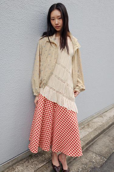 ZW COLLECTION CHECK LAYERED SKIRT - Ecru / Red by Zara