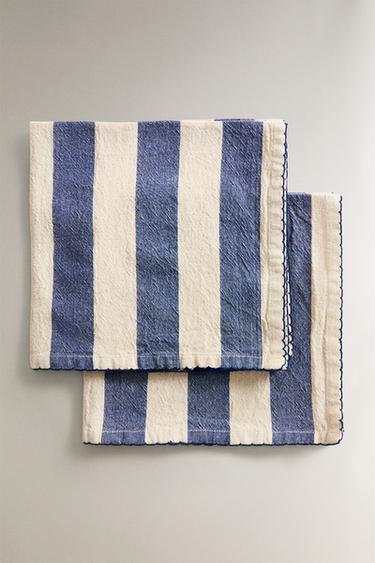 PACK OF STRIPED DYED THREAD NAPKINS (PACK OF 2) - Ecru / Blue by Zara