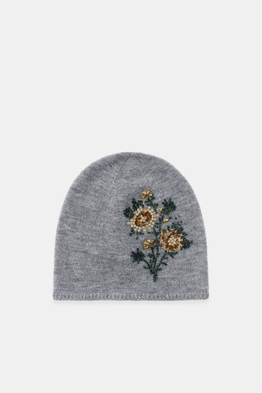 BEANIE HAT WITH FLORAL EMBROIDERY AND BEADS - Grey by Zara