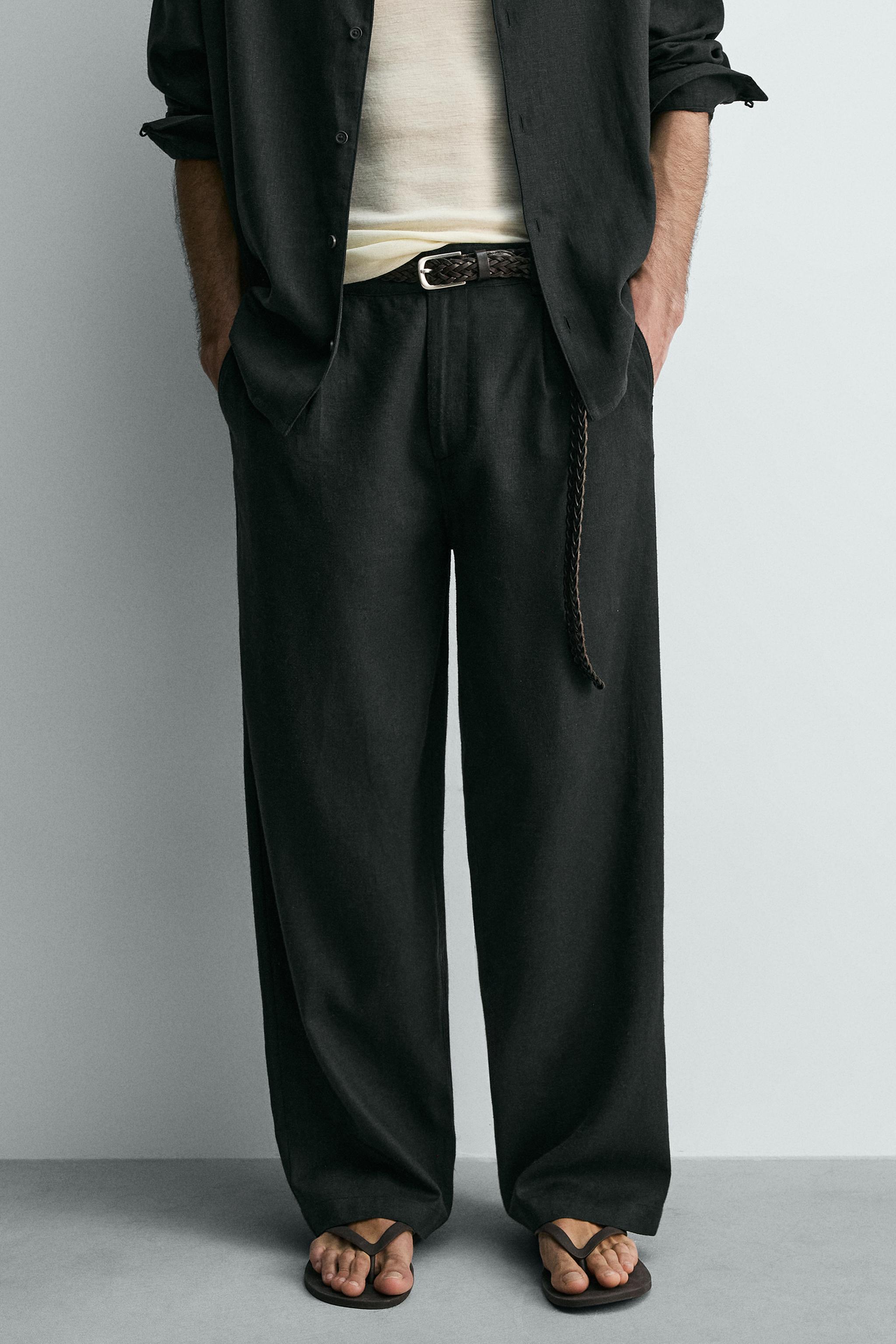 RELAXED FIT LINEN - VISCOSE PANTS - Black | ZARA United States