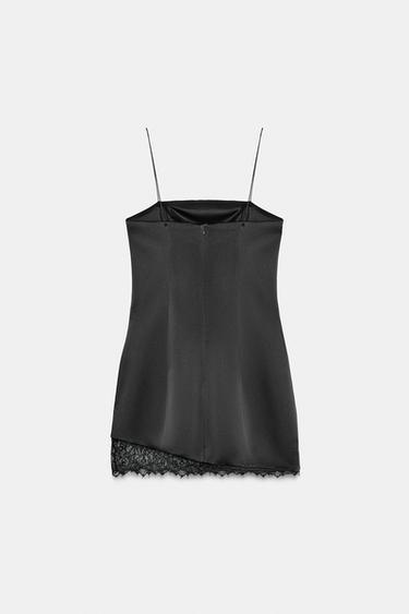 Zara SATIN EFFECT SHORT LACE DRESS - Black