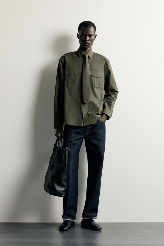 CHEMISE COUPE DÉCONTRACTÉE À CRAVATE ASSORTIE - Kaki de Zara - Image 0