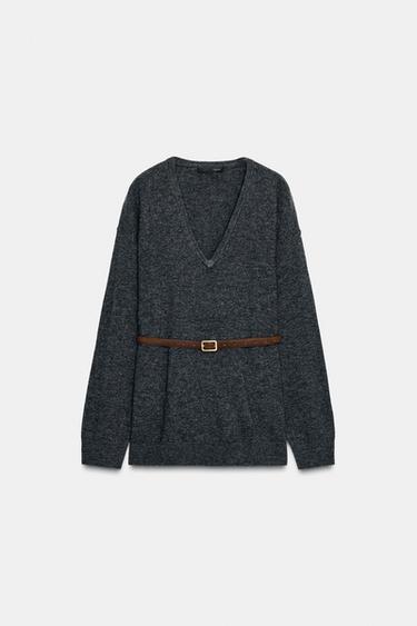 100% WOOL OVERSIZE JUMPER WITH BELT - Grey by Zara
