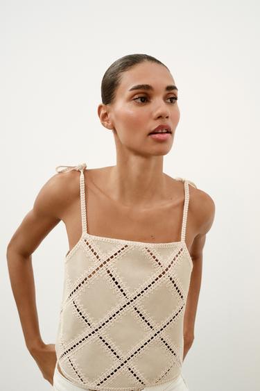 Zara PATCHWORK STRAPPY TOP - Ecru