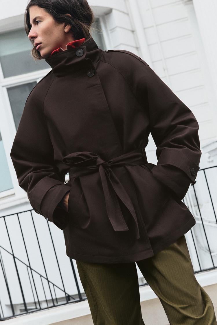 STAND-COLLAR BELTED TRENCH COAT — Brown