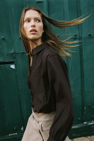 CAMISA CORTA GLOBO POPELÍN - Marrón de Zara