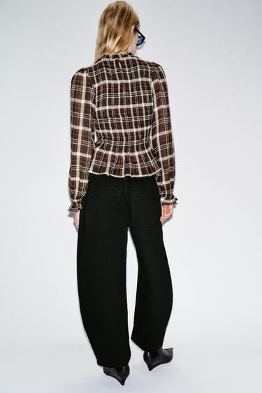 CHECK SMOCKED SHIRT - Brown / Ecru by Zara - Image 4