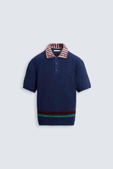 CONTRAST TEXTURED KNITTED POLO SHIRT - Blue by Zara