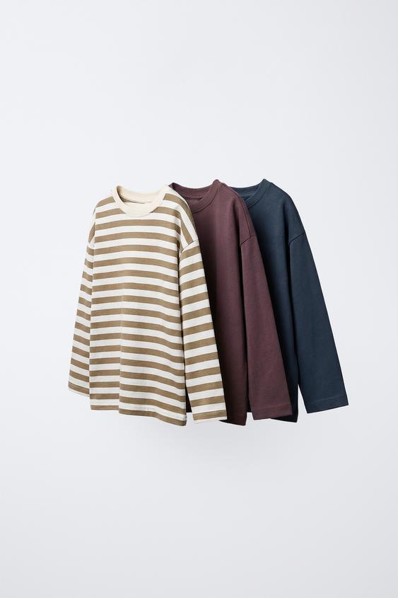 PACK TRES CAMISETAS RAYAS Y LISAS - Azul de Zara - Imagen 0