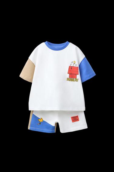 Zara SNOOPY PEANUTS™ JOGGING T-SHIRT AND BERMUDA SET - Green / Ecru - Image 0