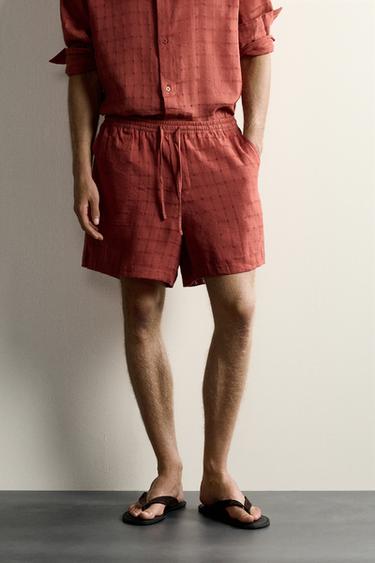 ברמודה ז'קרד משובצת מפשתן וכותנה - ורוד כהה של Zara