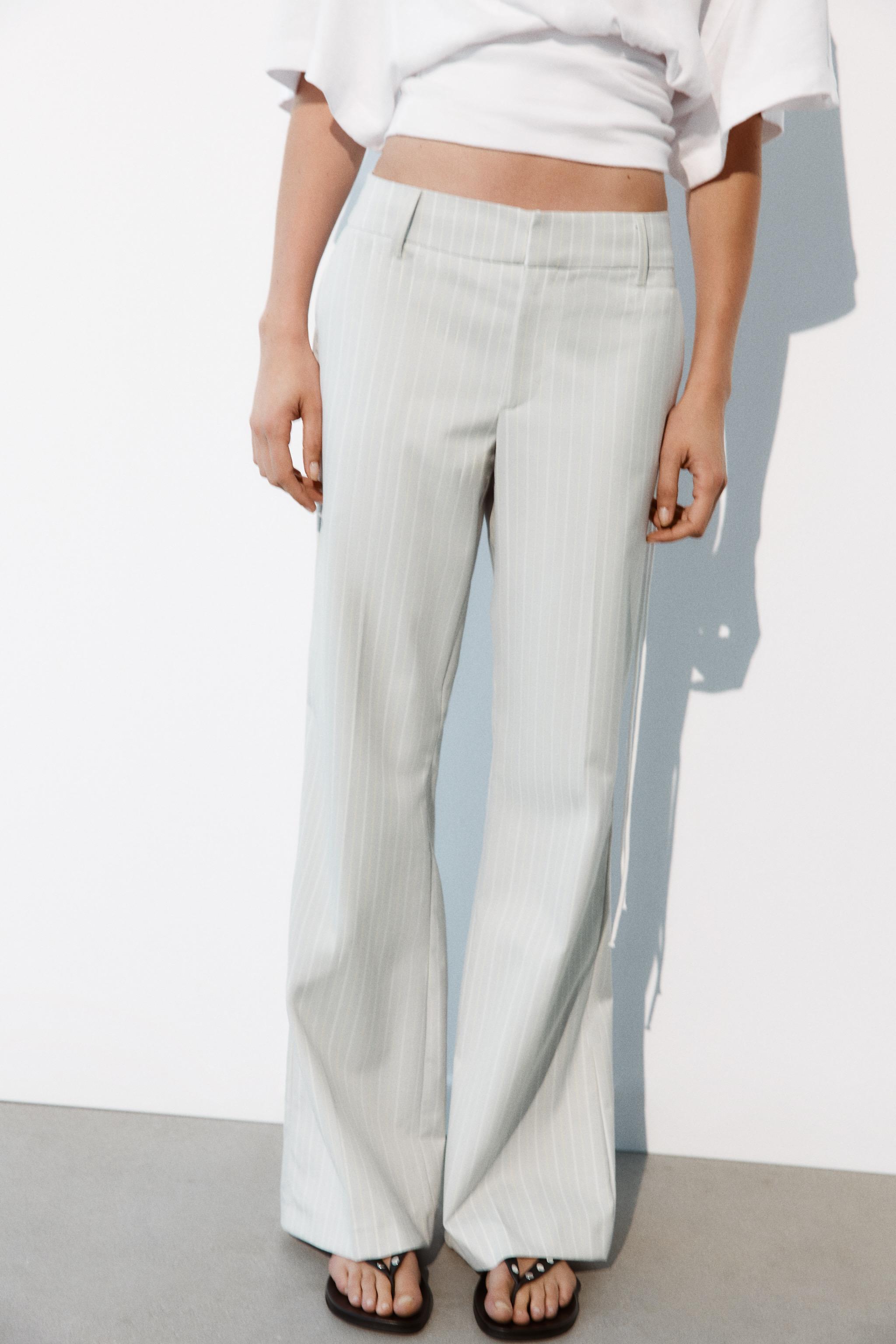 LOW-RISE STRIPED STRAIGHT-LEG TROUSERS — White / Grey