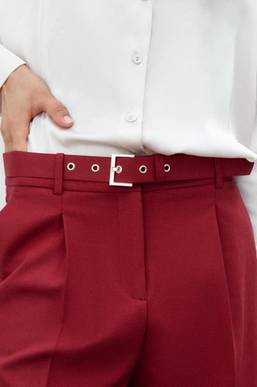 Zara BUCKLE BELTED PANTS - Maroon
