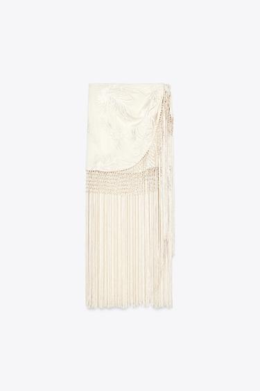 EMBROIDERED FRINGED WRAP SKIRT - Ecru by Zara - Image 4