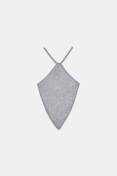Zara SEQUIN SCARF TOP - Silver
