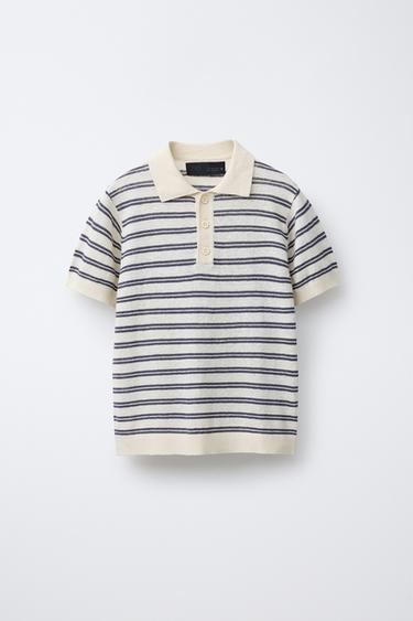 Zara LINEN COTTON POLO SHIRT - Ecru / Blue