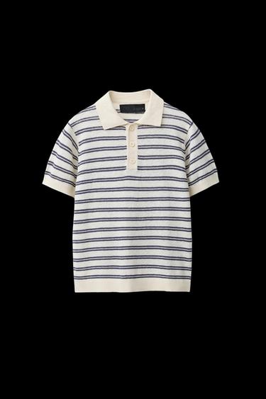 Zara LINEN COTTON POLO SHIRT - Ecru / Blue - Image 0