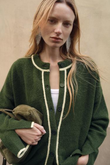 Zara CONTRAST TRIM CARDIGAN - Hunter green