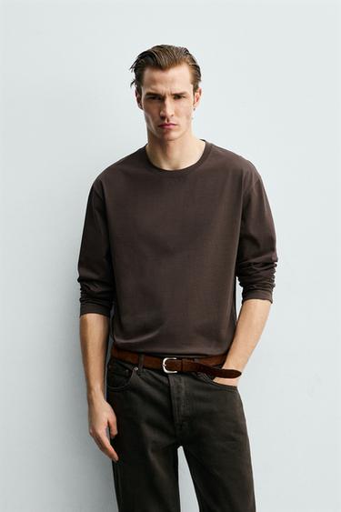 MERCERISED LONG SLEEVE T-SHIRT - Brown by Zara