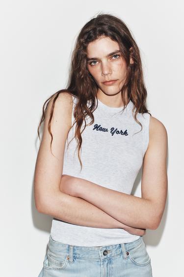 EMBROIDERED SLOGAN RIB T-SHIRT - Grey marl by Zara - Image 0