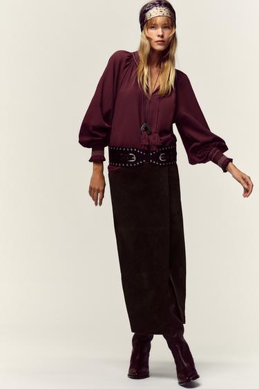 Zara EMBROIDERED TASSEL SHIRT - Burgundy