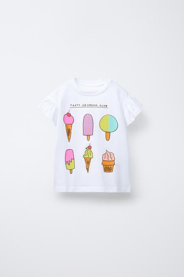 Zaras MÖNSTRAD T-SHIRT MED VOLANGER - Vit