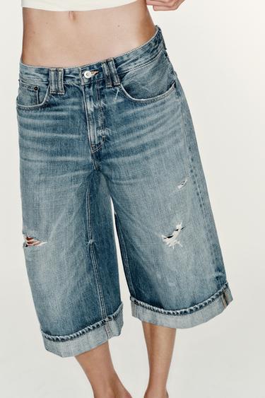 TRF MID RISE RIPPED DENIM JORTS — Blue 2