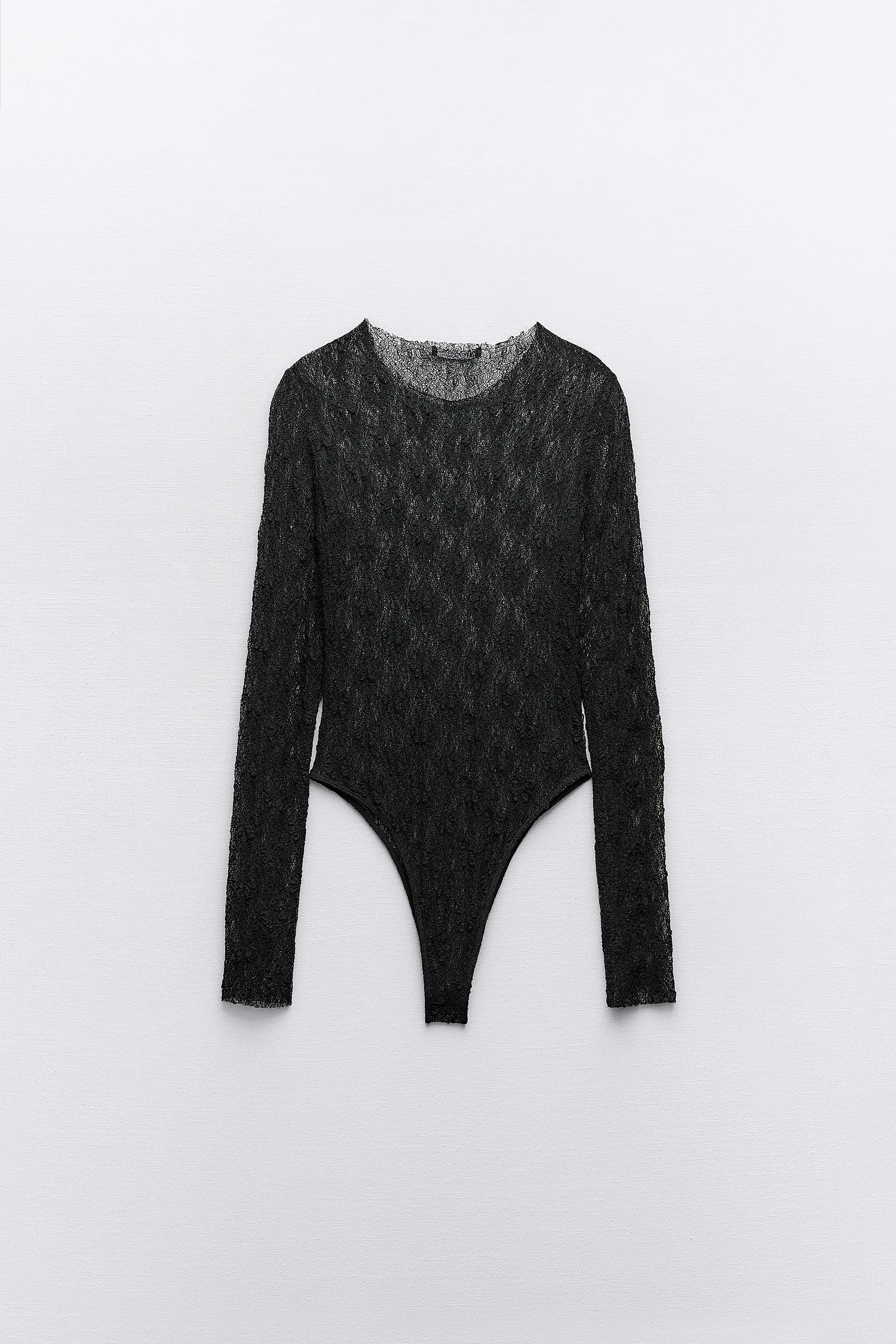 LACE-TRIMMED SEAMLESS BODYSUIT - Black