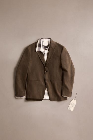 Zara STRIPED TEXTURED BLAZER - Brown / Green - Image 0