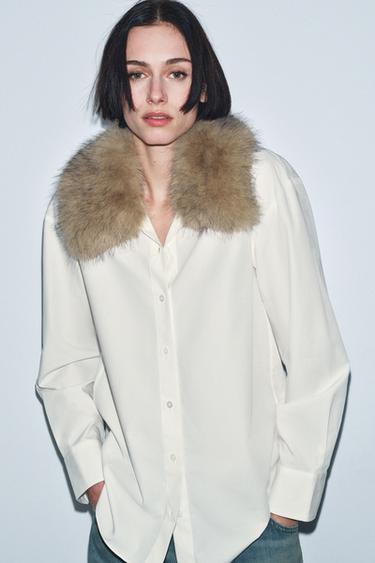 Zara ZW COLLECTION FAUX FUR COLLAR POPLIN SHIRT - Cream