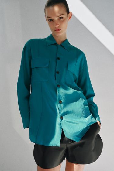CAMISA FLUIDA BOLSILLOS ZW COLLECTION - Petróleo de Zara