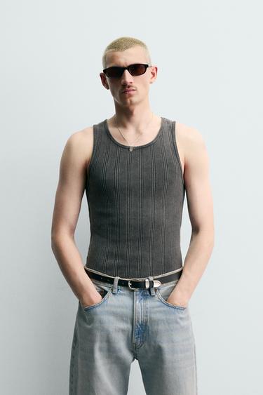 Zara RIBBED KNIT TANK TOP - Black