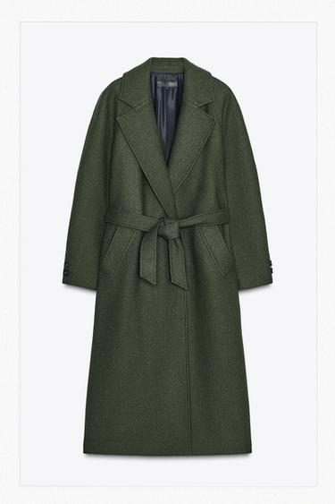 Zara LONG WOOL COAT WITH BELT - Khaki