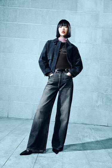 Zara TRF 超寬高腰牛仔褲 - 海藍色