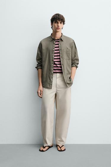 Zara REGULAR FIT LINEN - COTTON SHIRT - Green - Image 0