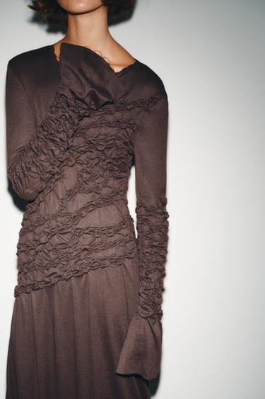 Zara GATHERED MIDI DRESS - Brown