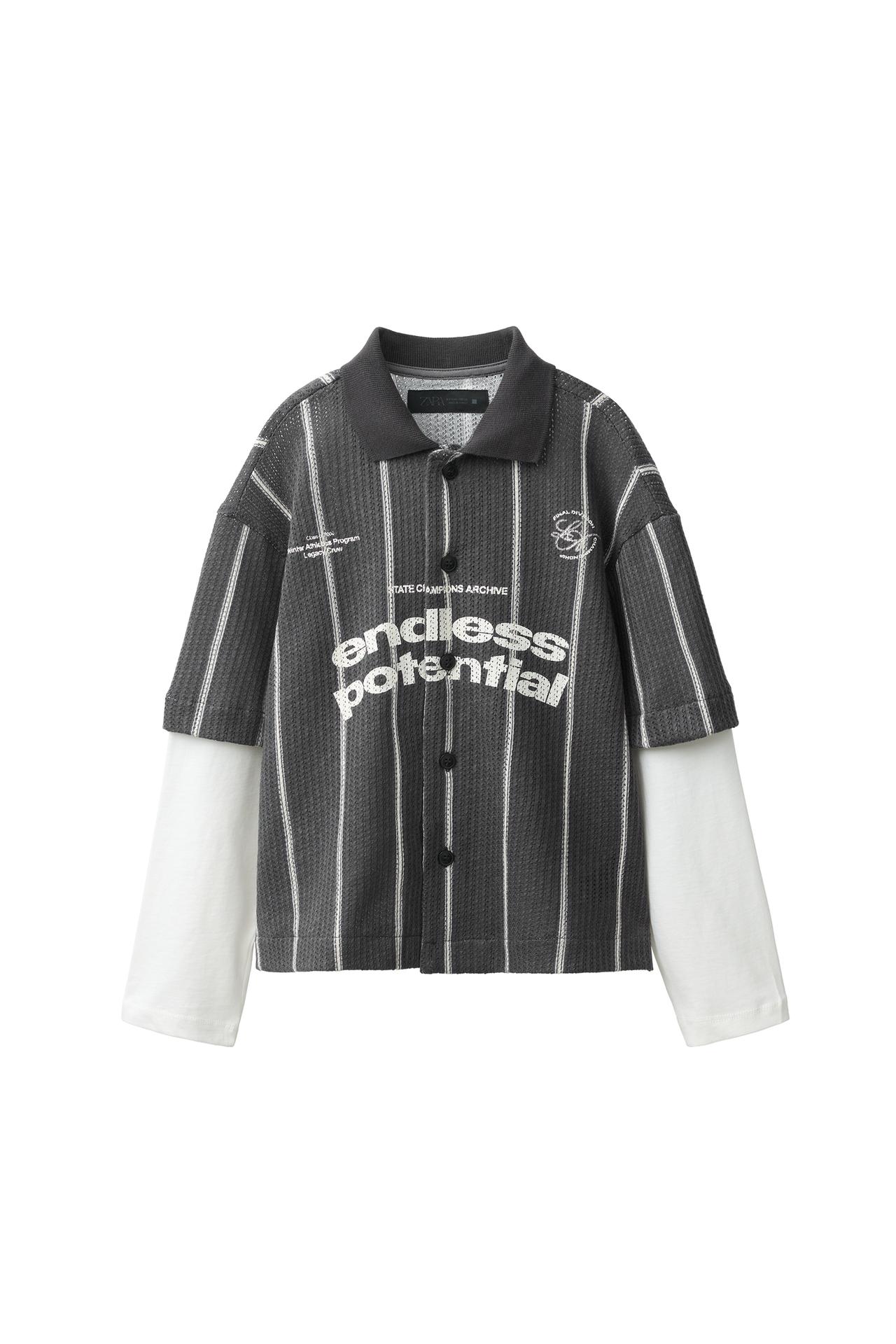 TEXTURED DOUBLE LONG SLEEVE STRIPED SLOGAN SHIRT
